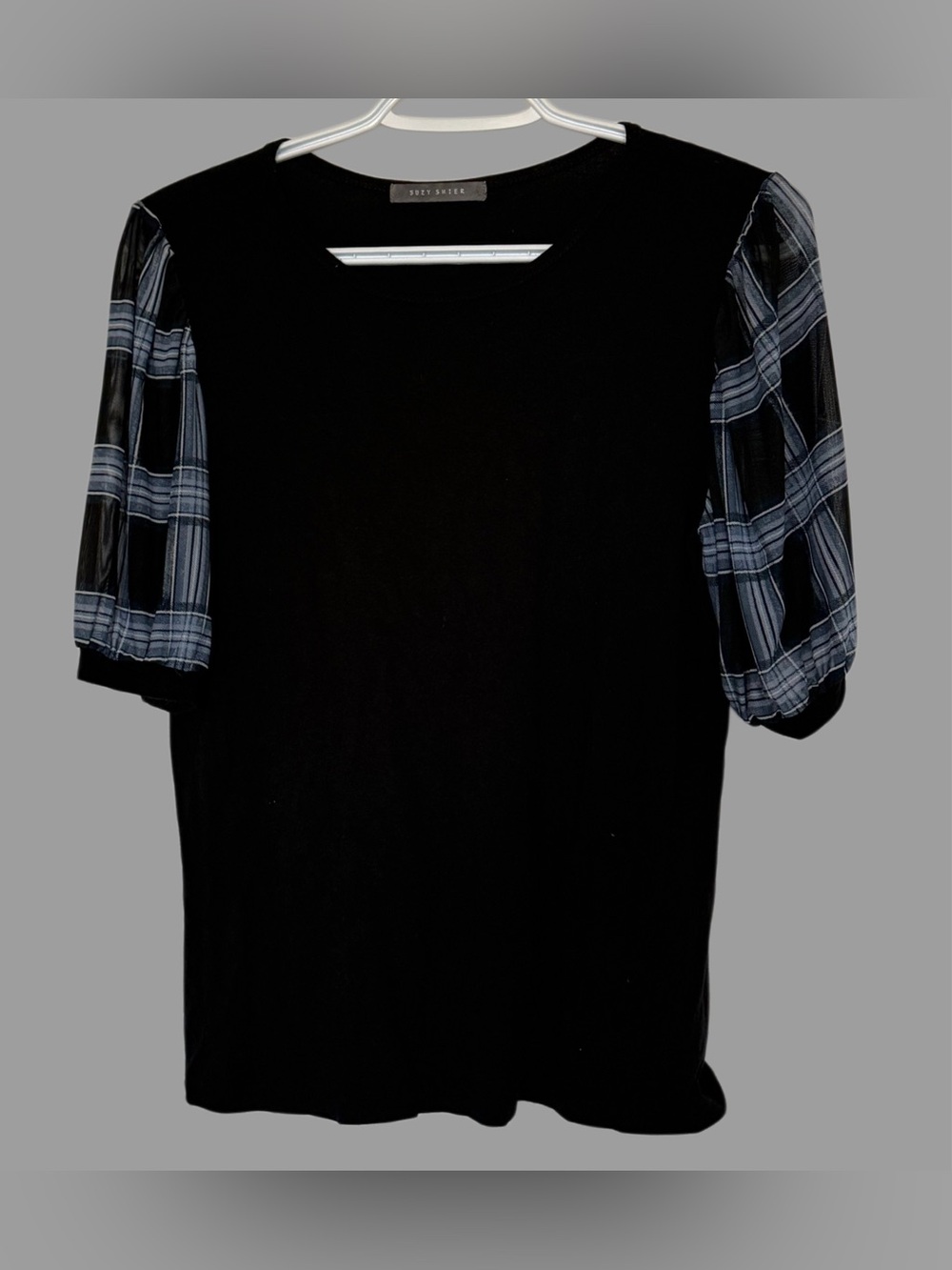 Suzy Shier Black Tee with Blue Plaid Puff Sleeves